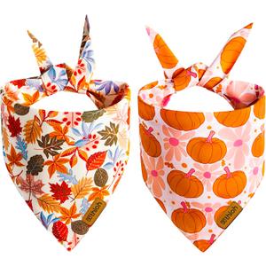 Fall Dog Bandanas - 2 Pack Halloween Thanksgiving Dog Bandana | Reversible Pumpkin and Leaf Pet Scarf | Premium Durable Fabric | Boys & Girls | Holiday Bandana for Small and Medium Dogs (Small)