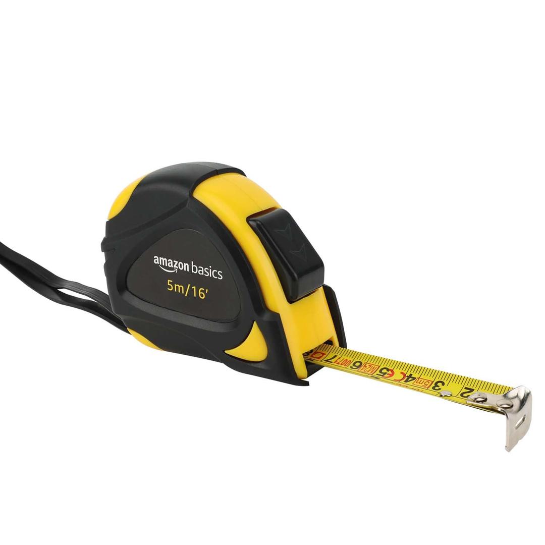Amazon Basics Self-Locking Tape Measure, MID Accuracy, 16-Feet (5-Meters), Black, Yellow (4.9 m)
