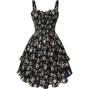 Scarlet Darkness Smocked Floral Sundresses for Women Teens 2026 Summer Flowy Ruffle Mini Dress (Black, L)