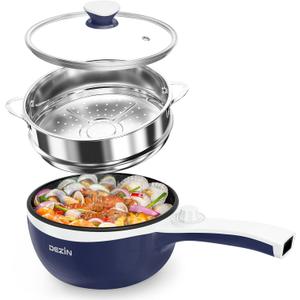 Dezin Hot Pot Electric with Steamer Upgraded, Non-Stick Saut Pan, Rapid Noodles Electric Pot, 1.5L Mini Pot for Steak, Egg, Fried Rice, Ramen, Oatmeal, Soup with Power Adjustment