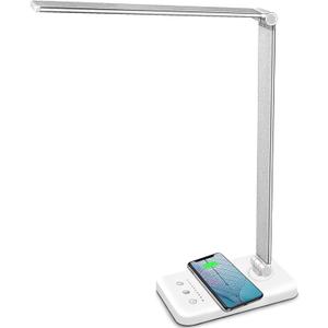 LED Desk Lamp with USB Charging Port, Dimmable Eye-Caring Table Lamps with Wireless Charger, 5 Brightness Levels & 5 Lighting Modes, Touch Control, Auto Timer (White)