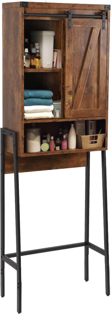 Over The Toilet Storage Cabinet, Behind Toilet Bathroom Organizer with Adjustable Shelves, Above Toilet Organizers with Barn Door, Space Saver for Restroom, Bathroom, Laundry, Brown, 24 Inches X 10 Inches X 67 Inches