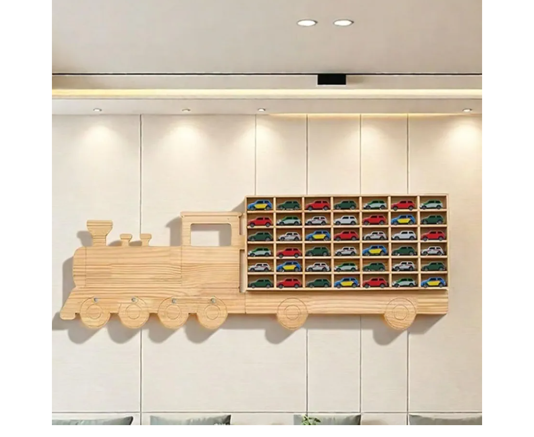 Wood Toy Car Display Rack, Holds 42 Diecast Cars Model Car Display Case 1/64 Scale Toy Cars Organizer Freestanding or Wall-Mounted Toy Car Storage Cabinet (1 Carriage)