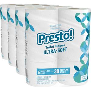 Amazon Brand - Presto! 2-Ply Ultra-Soft Toilet Paper, Septic-Safe, 24 Family Mega Rolls = 120 Regular Rolls, 308 Sheets, Unscented, Pack of 4