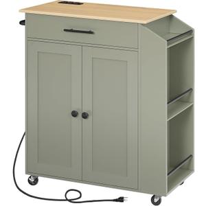 HOOBRO Kitchen Island with Power Outlet, Storage Island with Spice Rack and Drawer, Rolling Kitchen Cart on Wheels, for Home, Dining Room, Natural and Green JN82UZD01G1