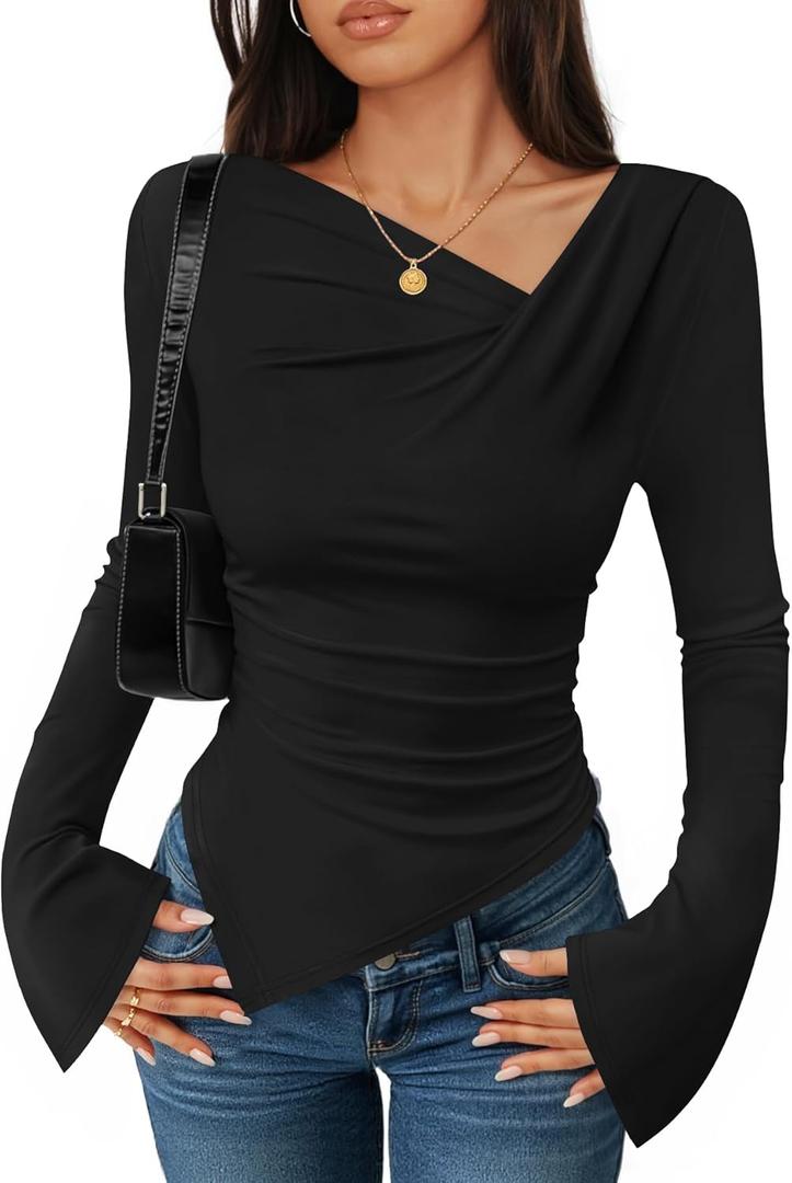 ZESICA Women's Long Bell Sleeve Shirts 2026 Fall Going Out Asymmetrical Crop Tops Slim Fit Ribbed Ruched Y2K Clothes (Black) M