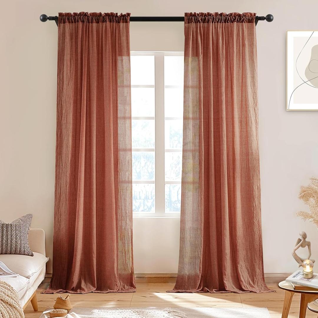 Melodieux Terracotta Sheer Curtains 84 Inches Long for Bedroom Living Room, Natural Cotton Linen Light Filtering Window Sheers, Rustic Rod Pocket Lightweight Curtain Drapes, 52" W x 84" L, 2 Panels