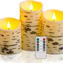 QQFCTOO Flameless Birch Bark Candles Flashing Battery Operated Candles LED Pillar Candles with Remote Control and Timer Set of 3