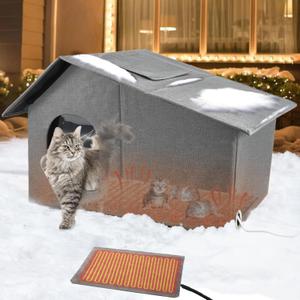 Heated Cat House for Outdoor in Winter, Insulated Heated Outdoor Kitty House with Heating Pad, Outside Winter Warm Shelter for Kittens Stray Cats Rabbits Squirrels (Grey, 21"13.6"15.4")