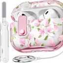for AirPods Pro 2 Case Cover with Lock, Clear TPU Floral Cute Protective Case for Apple AirPod Pro 2nd/1st Generation Cases Women Girly, with Keychain & Cleaner Kit - Pink Peach Flower