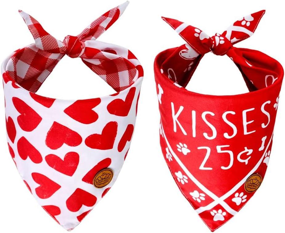 CROWNED BEAUTY Valentines Day Dog Bandanas Large 2 Pack,Kisses Adjustable Triangle Holiday Plaid Reversible Scarves for Medium Large Extra Large Dogs Pets DB15