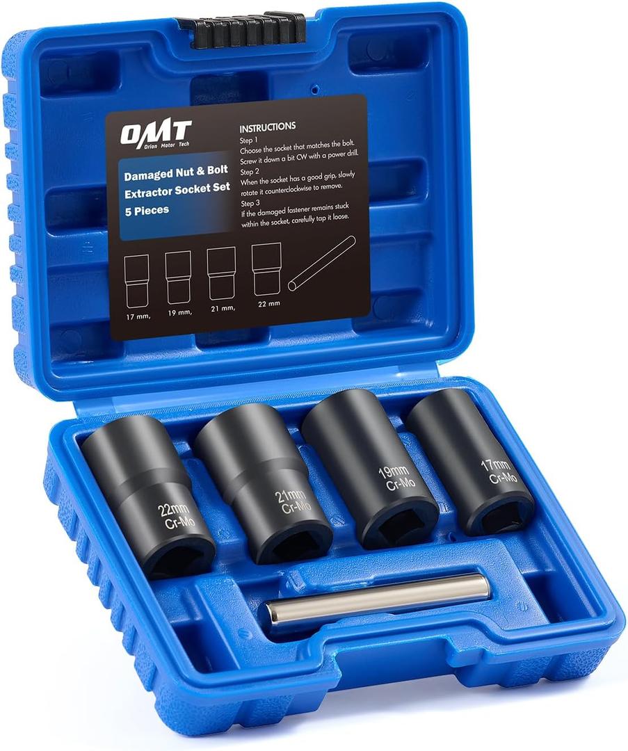 Orion Motor Tech Twist Socket Tool Set, 1/2" Drive 5pc Nut and Bolt Extractor Set, Rounded Bolt & Stripped Lug Nut Remover Tool Kit