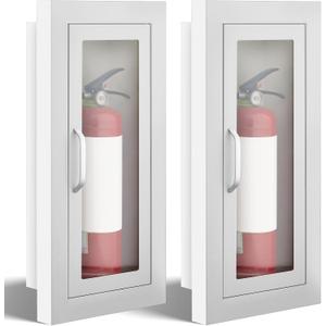 Zonon 2 Pcs Semi Recessed Fire Extinguisher Cabinet Box Steel Recessed Wall Cabinet, Magnetic Door with Handle, Acrylic Window, 2.5 Inch Trim, for 2.5/5/10 lb Dry Chemical Fire Extinguisher (White)