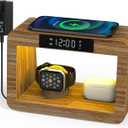 Bamboo Charging Station for Multiple Devices, 15W Fast Wireless Charger Night Light with 3 Color& 4 Adjustable Brightness, Night Stand Charger Station for iPhone/Apple Watch/AirPods