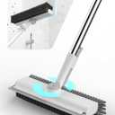 Floor Scrub Brush with Long Handle, 3 in 1 Scrape and Heavy-Duty Stiff Bristle Floor Scrubber Brush with Squeegee and Tweezer for Cleaning Tile Wall Deck Bathroom Patio Garage Kitchen (White)