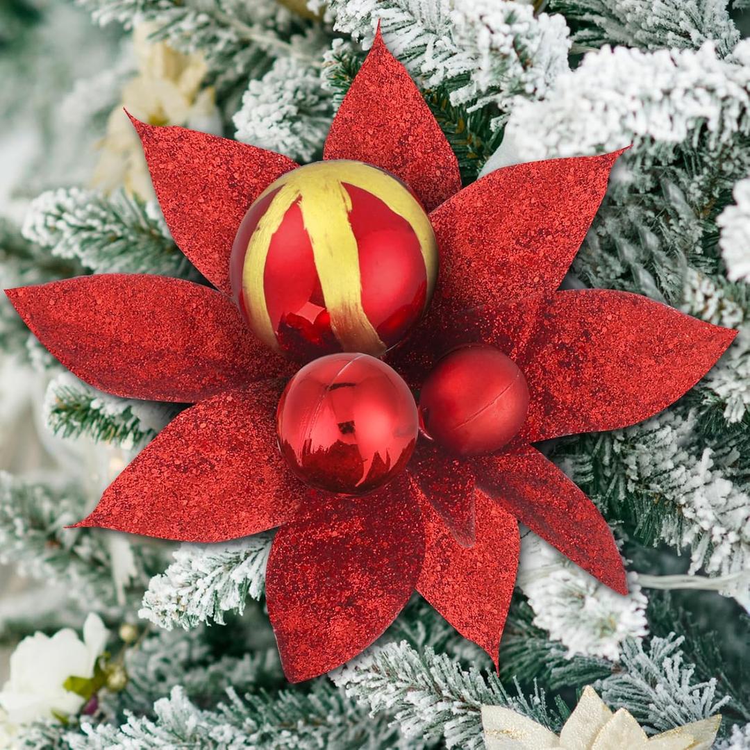 16 Pcs Glitter Christmas Ball Picks 7.87 Inch Red and Gold Poinsettia Ball Ornament Picks for Christmas Tree Decor Plastic Xmas Ornament Pick for DIY Crafts Xmas Vase Fillers Wreath Decor