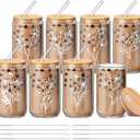 8 Pcs Spring Floral Glass Cups with Lids and Straws 16 oz Cute Flower Iced Coffee Mugs Aesthetic Boho Floral Tumbler Bulk for Women Bridesmaid Proposal International Women Day Gifts (Cute)