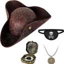 4PCS Pirate Hat,Renaissance Pirate Tricorn Hat with Eye Patch & Necklaces for Male Female Halloween Cosplay (Brown)