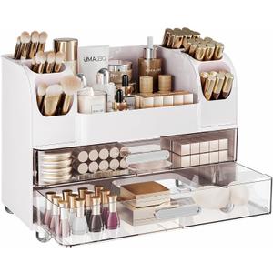 Delamu Large Makeup Organizer Countertop with 6 Brush Holders, Makeup Organizers for Vanity with 2 Large Drawers, Easy to Store Skincare, Lipsticks, Nail Polishes, Perfumes, Eyeshadow Palettes, White