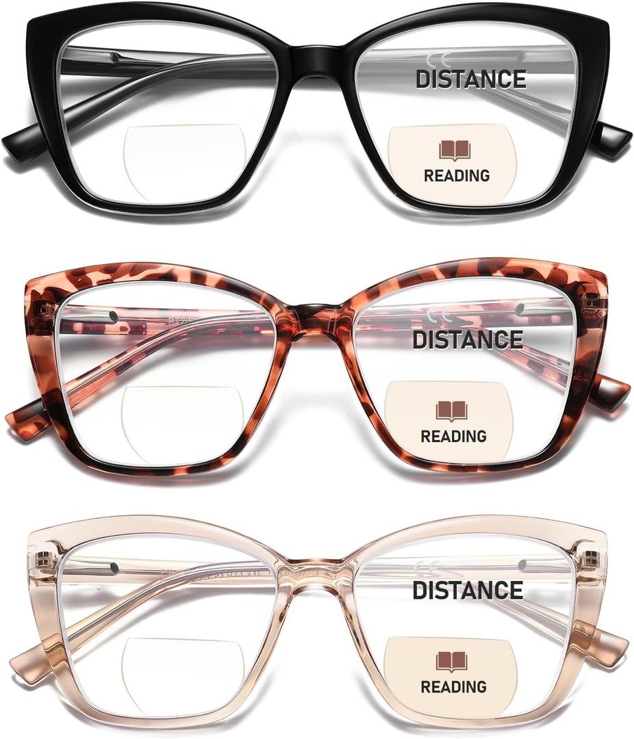 PUBOWT Bifocal Reading Glasses For Women Cat Eye Oversized Spring Hinge Frame Blue Light Computer Fashion Readers Clear Top No Line Ladies Large Stylish Progressive Invisible Eyeglasses PT2001 +2.0