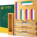 Calmbee 9 in 1 Bamboo Storage Bag Organizer for Kitchen Drawer Plastic Wrap Dispenser with Cutter & Foil Organizer, Wooden Baggie Organizer for Sandwich, Snack, Gallon, Quart Sizes, Natural