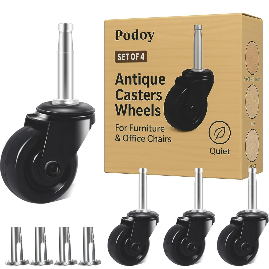 PODOY Antique Brass Casters 1-5/8" with Stem Socket (Set of 4) Rubber Wheels - Universal Fit Replacement Casters for Chairs, Sofas, and Hardwood Floors Vintage Style (1.4" Stem and 0.75" Dia Sockets)
