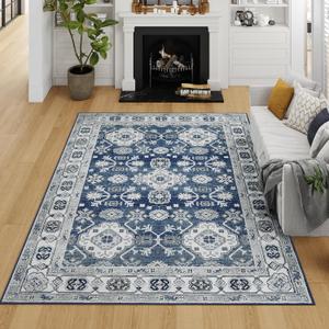 VK VK.LIVING Machine Washable Rug 8'x10' Vintage Design Area Rugs with Non Slip for Living Room Bedroom Traditional Woven Carpet Stain Resistant Home Decor Office Boho Rug, Tpe05-blue