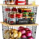 2 Set XXL Stackable Wire Basket with Bamboo Tops & Tag- Pantry Organizer and Storage Bins, Kitchen Counter Cabinet Shelf Countertop Under Sink Organizing, Food Snack Produce Onion Potato Bread Storage