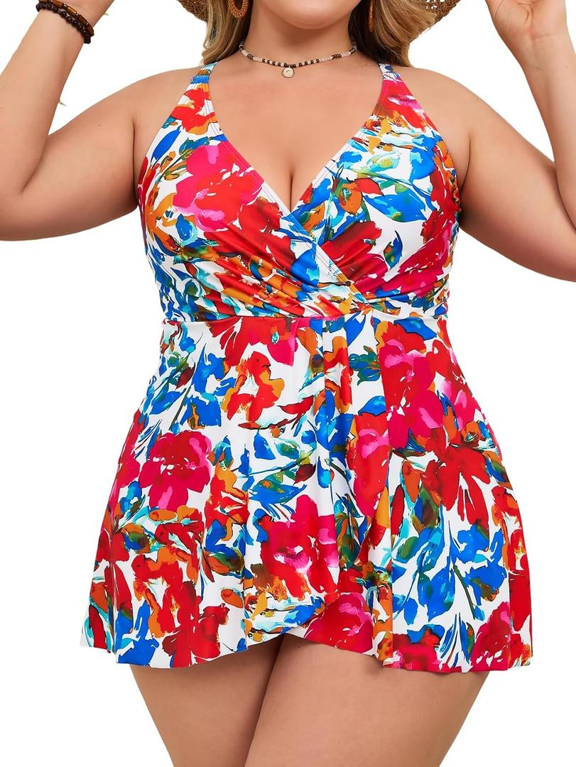 Aidonger Women's Swimdress One Piece Swimsuit Tummy Control Bathing Suit Plus Size Skirted Swimwear with Built-in Briefs (XL)