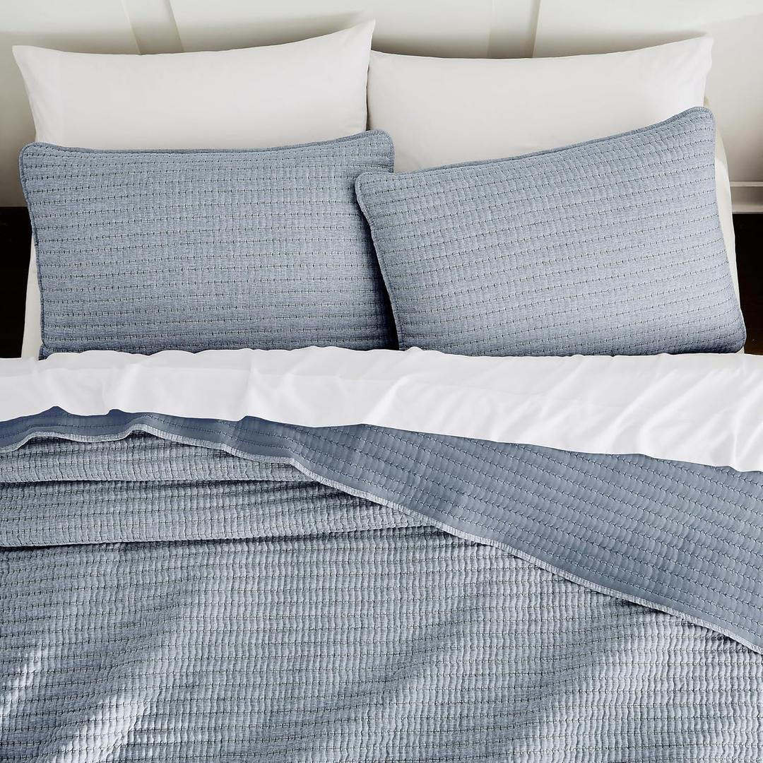 WDCOZY Chambray Pick Stitch Twin Size Quilt Set, Denim Blue Striped Lightweight Soft Summer Spring Bedspread, Bamboo Linen Like Textured Coverlet, Farmhouse Country Rustic Bedding, Thin Comforter