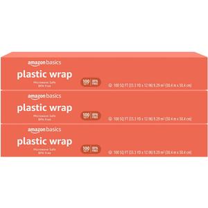 Amazon Basics Plastic Food Wrap, BPA Free, Microwave Safe with Tight Seal, 300 Sq Ft, Pack of 3, 100 Sq Ft Rolls