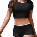 Jolefille Women Sporty Tummy Control Swimsuit Color Block High Waisted Bikini Set Two Piece Bathing Suit Full Coverage Shorts Black Medium