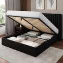 Feonase Queen Size Lift Up Storage Bed Frame, Linen Upholstered Platform Bed with Wingback Headboard, Hydraulic Storage, No Box Spring Needed, Black