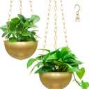 Sinolodo Hanging Pots for Plants Indoor, Gold 6.3'' Hanging Planters with Drainage and Metal Chain, Boho Indoor Plant Hanger for Home, Office, Balcony, Patio, Windor(Pack of 2, Brass)