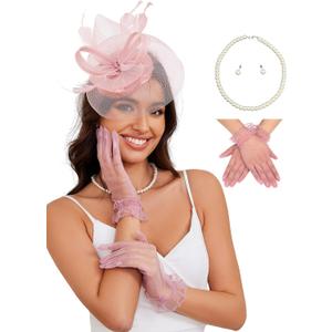Ibeauti Fascinator Hats with Screentouch Lace Gloves Set for Women Tea Party Cocktail Wedding Derby Headwear Short Gloves
