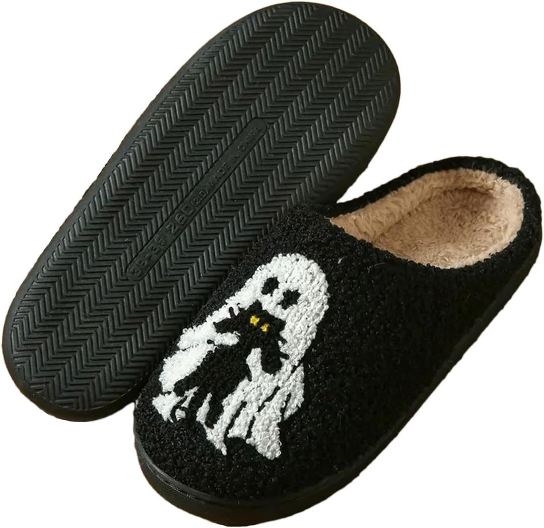 Cute Slippers for Women Halloween Fun Cute Holiday House Shoes Fluffy Warm Slipper Gifts for Adults (Black)