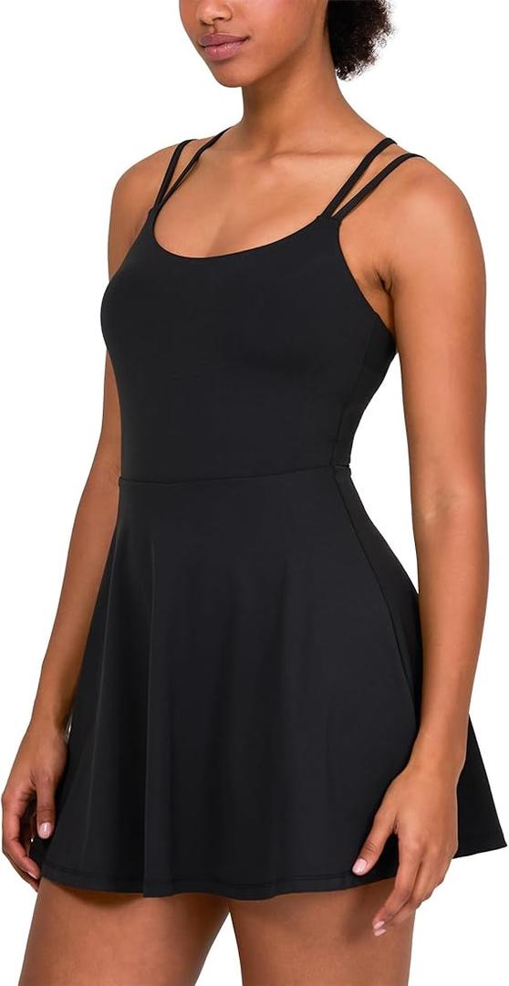 YITTY Active Women's Ultraluxe Strappy Tennis Dress with Built in Short, Athleisure, 4-Way-Stretch, Black Larg
