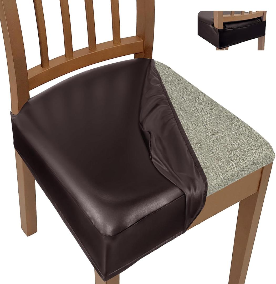 WENZMOC Waterproof Seat Covers for Dining Chairs PU Leather Dining Room Chair Covers Set of 6, Soft & Stretch Kitchen Chair Seat Slipcover Protector Removable Chair Cover (Dark Brown, Rear Cover)