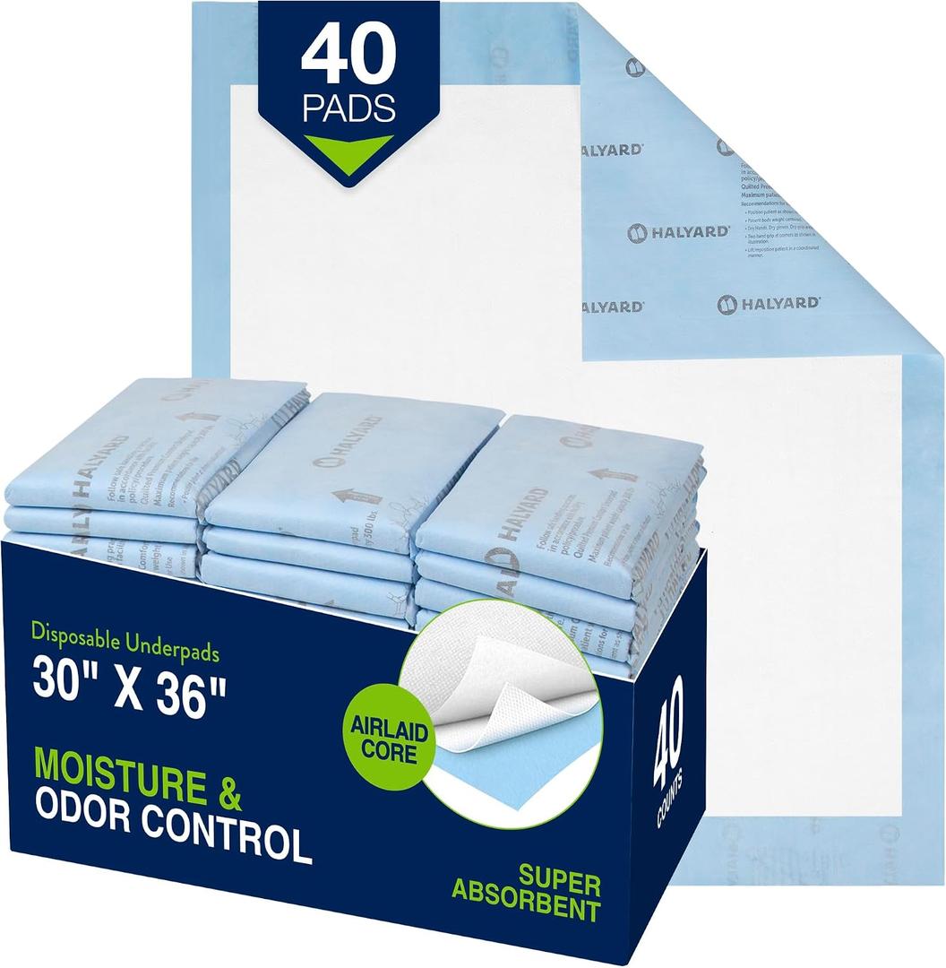 HALYARD Premium Disposable Underpads, 30 x 36 Inches Chux Pads - Blue, Case of 40 - Incontinence Bed Pads for Adults with Airlaid Core for Moisture and Odor Control