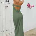 Women's Satin Strapless Backless Bodycon Maxi Dress (Green, L)