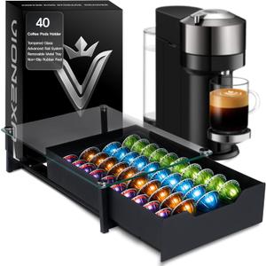 Coffee Pod Holder with Rail Drawer for Nespresso  40 Pods Capacity for Nespresso Vertuoline & K-cups Capsule  Tempered Glass and Anti-Slip Base Metal Coffee Pods Organizer 16.14x11.81x3.94