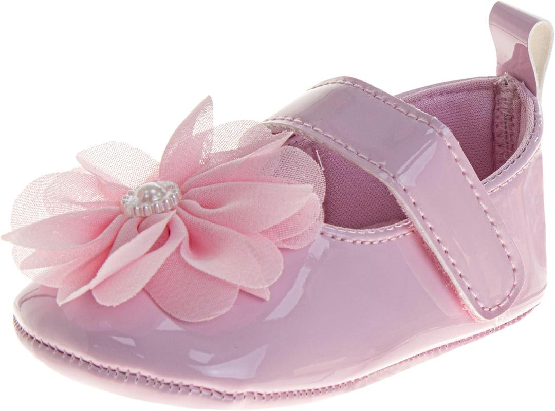 Josmo Baby Girl Dress Shoes Soft Sole Flats Crib Shoes Bowknot & Floral Design for Newborn & First Walker Sandals Size 2-4 Infant (Pink)