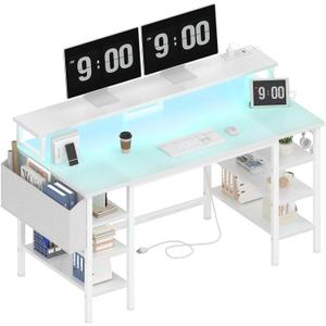 Lufeiya White Desk with Storage Shelves - 47 inch Home Office Gaming Desk with Monitor Stand, Computer Desk with LED Lights and Power Outlets, White