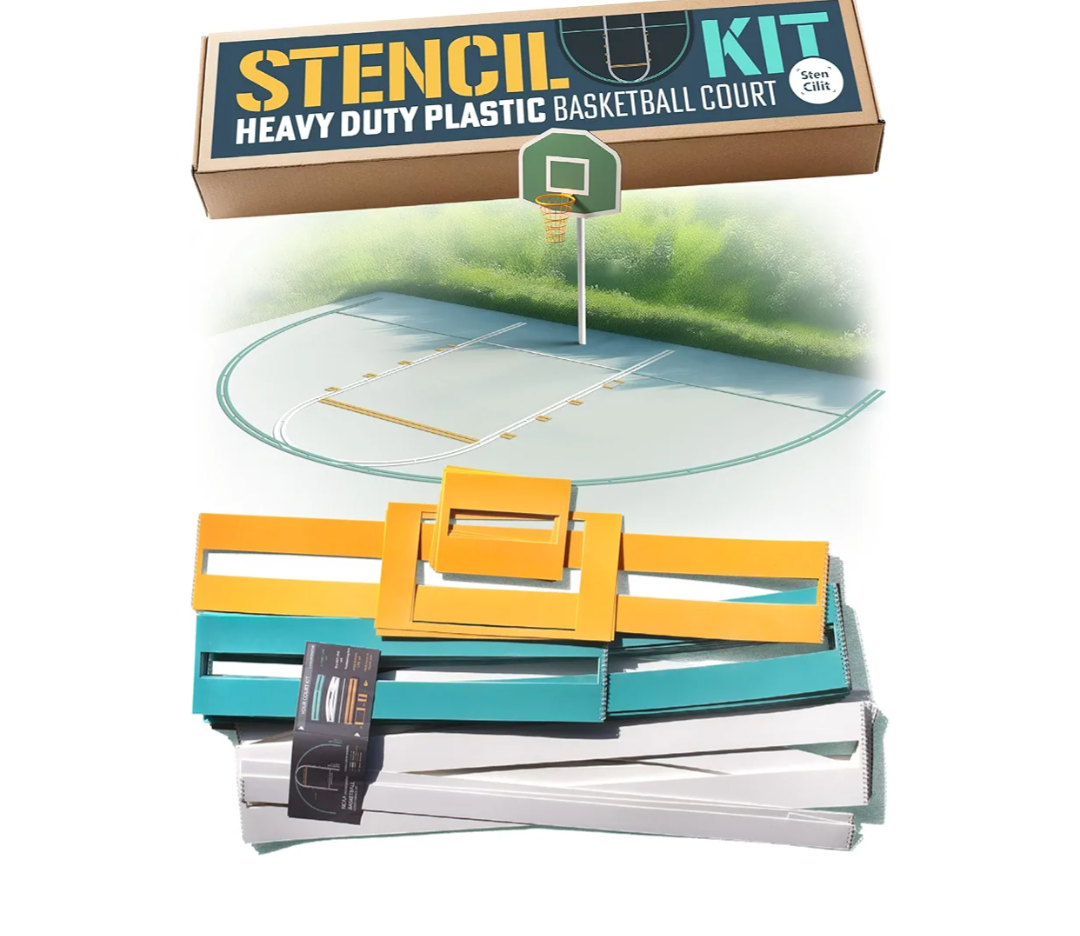 STENCILIT Basketball Court Stencil Kit for Concrete - Heavy Duty Plastic, Professional Kit for Driveway & Concrete, Reusable, Easy Assembly, Key & 3Point Lines Basketball Stencil