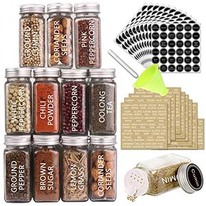 SWOMMOLY 30 Glass Spice Jars with 703 Spice Labels, Empty Square Spice Bottles 4 oz with Pour/Sift Shaker Lid, Airtight Cap, Chalk Marker and Funnel Complete Set