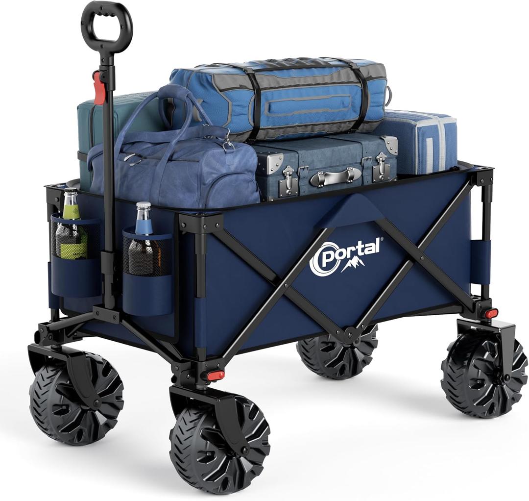 PORTAL Collapsible Folding Utility Wagon, Foldable Wagon Carts Heavy Duty, Large Capacity Beach Wagon with All Terrain Wheels, Outdoor Portable Wagon for Camping, Garden, Shopping, Groceries, Blue