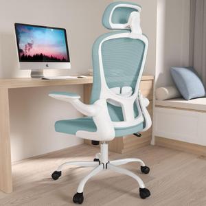 Office Chair, High Back Ergonomic Desk Chair, Breathable Mesh Desk Chair with Adjustable Lumbar Support and Headrest, Swivel Task Chair with flip-up Armrests, Executive Chair for Home Office (With Headrest, Light Blue)