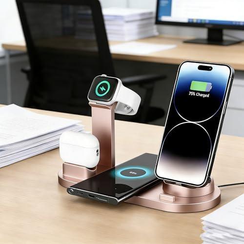 7 in 1 Wireless Fast Charger Compatible with iPhone Samsung Android Wireless Charging Station, Compatible with Apple Watch 9 8 7 6 5 Airpods Pro Multi-Device Charging Black Station (Rose Gold)