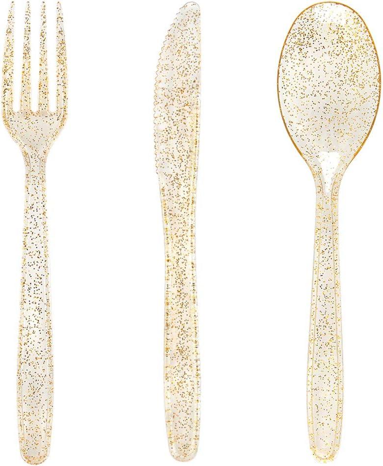 WDF 360 Gold Plastic Silverware - Disposable Gold Glitter Cutlery - Plastic Silverware inluding: 120Forks, 120 Spoons, 120 Knives for Wedding/Thanksgiving Party