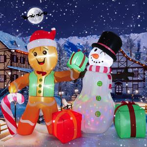 COOLWUFAN 6 FT Christmas Decorations Outdoor Inflatables Gingerbread Man Snowman Blow Up Yard Decor, Outdoor Inflatables Decorations with Rotating LED Light for Garden Patio Lawn Holiday Party Xmas